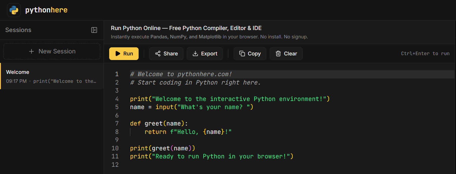 PythonHere — Free Online Python Editor with Pandas, NumPy and Matplotlib
